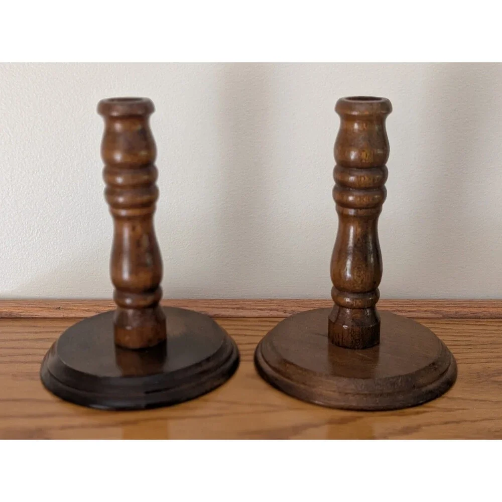 Vintage Pair of Wood Candlestick Holders Medium Brown Cottagecore Country